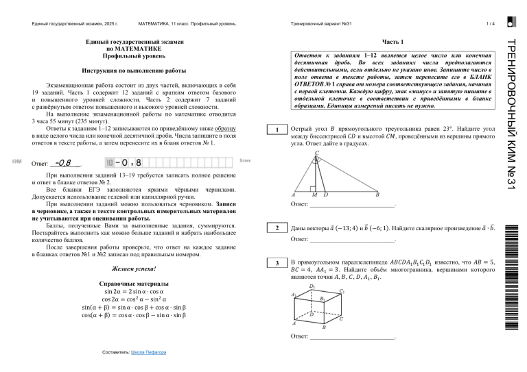 ЕГЭ Математика 2025 Профильный уровень. Тренировочный вариант №31