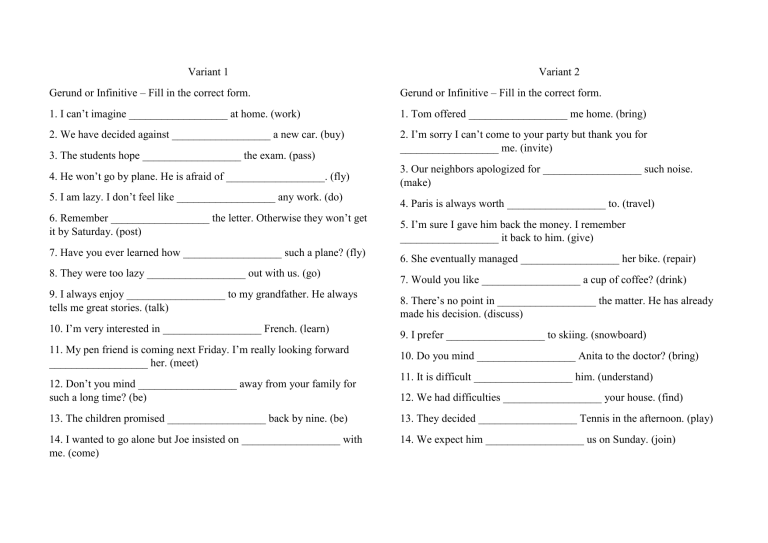Gerund or Infinitive Exercise: Fill in the Correct Form (Variants 1 & 2)