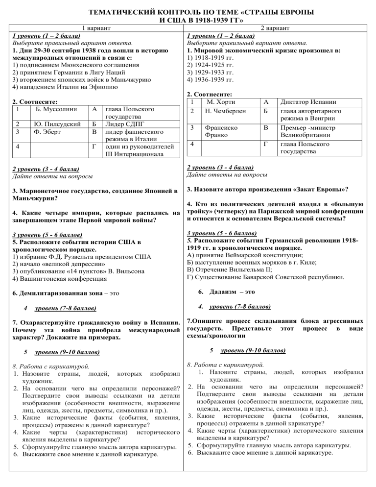 Контрольная работа: Европа и США (1918-1939)