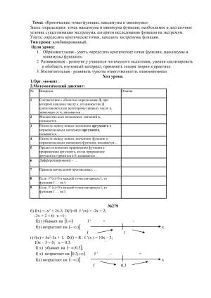 Тема: &laquo;Критические точки функции, максимумы и минимумы&raquo;