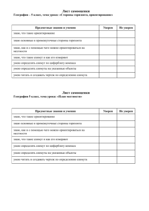 Листы самооценки по географии и биологии, 5 класс
