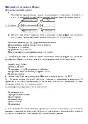 Итоговый тест по биологии 10 класс