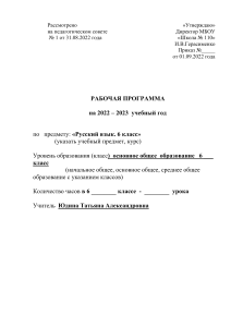 Рабочая программа Русский язык 6 класс