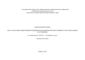 Рабочая программа: Доврачебная помощь при ЧС