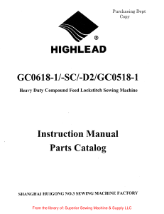 HIGHLEAD Sewing Machine Manual GC0618-1 Parts Catalog