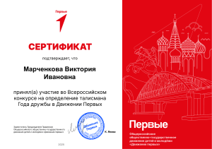 Сертификат участника конкурса Движения Первых