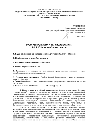 История Средних веков: Рабочая программа дисциплины