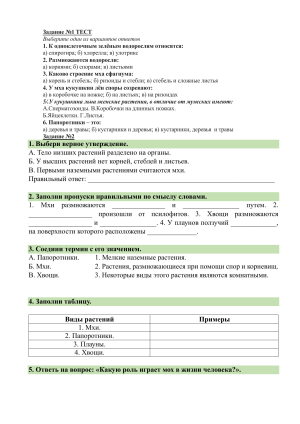 Тест по биологии: Водоросли, Мхи, Папоротники | Задания