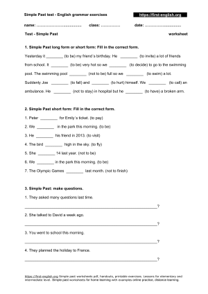 Simple Past Test &ndash; English Grammar Exercises Worksheet